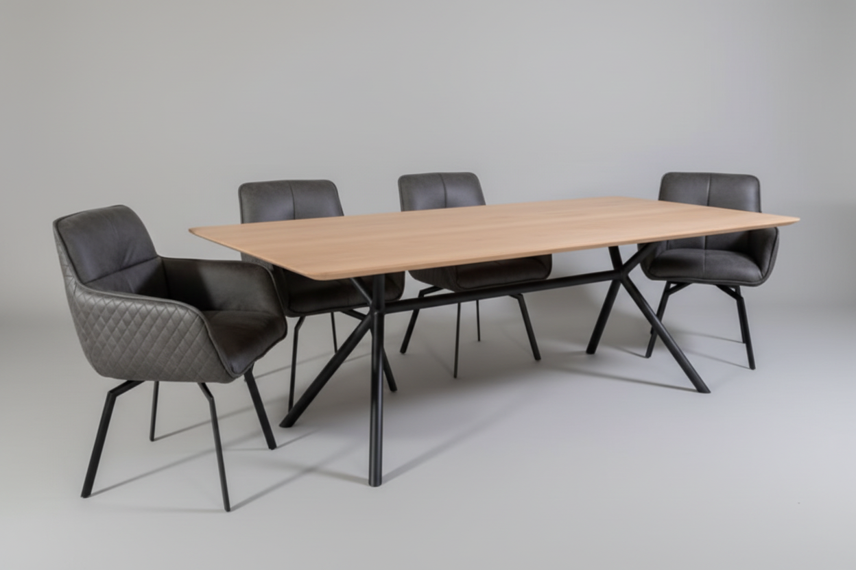 Moderne eiken eettafel met zwart stalen buisframe